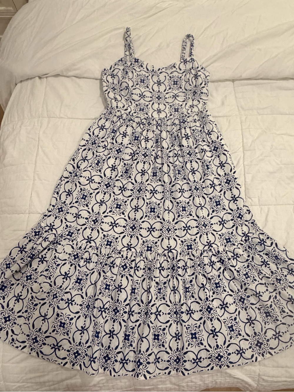 J. Crew White Maxi Dress with Navy Tile Pattern